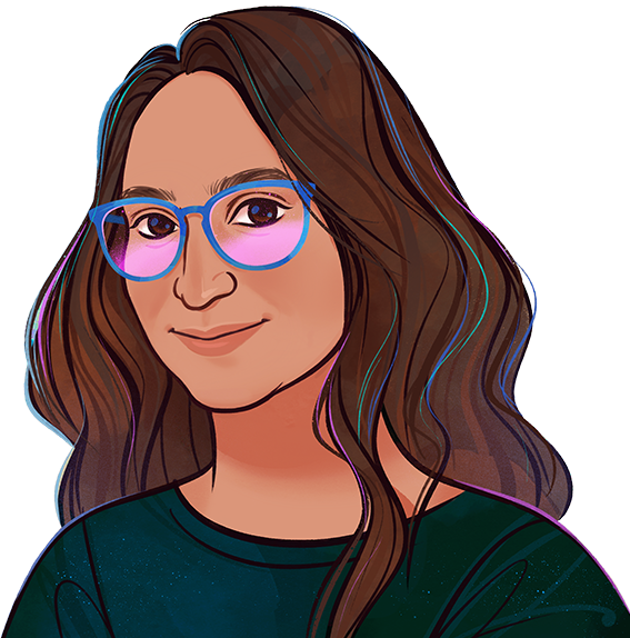 stylized illustration of female with brown hair and blue glasses